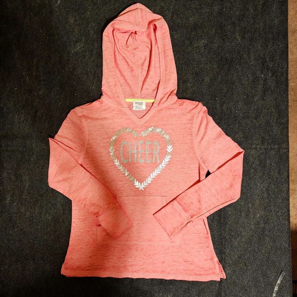 Danskin Now Girls L 10-12 Pink Cheer Glitter Heart Lightweight Hoodie Pullover